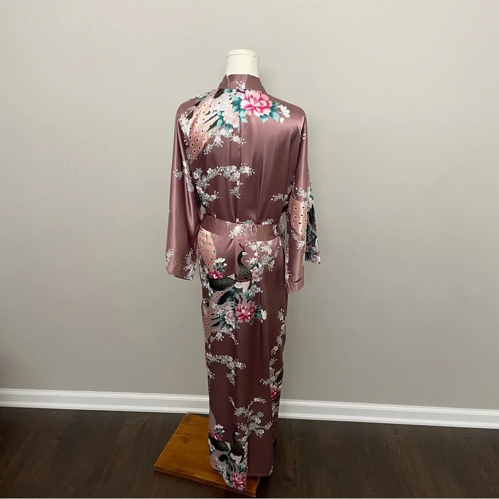 Kim and Ono Robe Kimono Charmeuse Asian Floral Silky Satin Long Pockets Pink - Picture 5 of 13